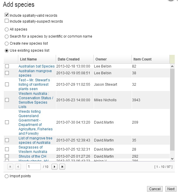 Use existing species List