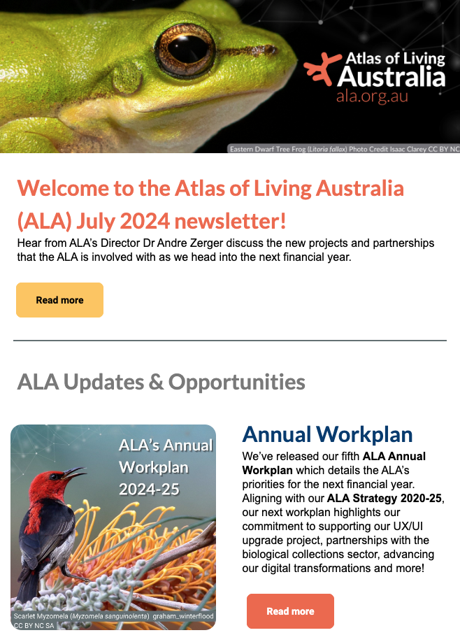 ALA's July 2024 newsletter header banner - it includes the ALA logo and a frog, and a welcome message