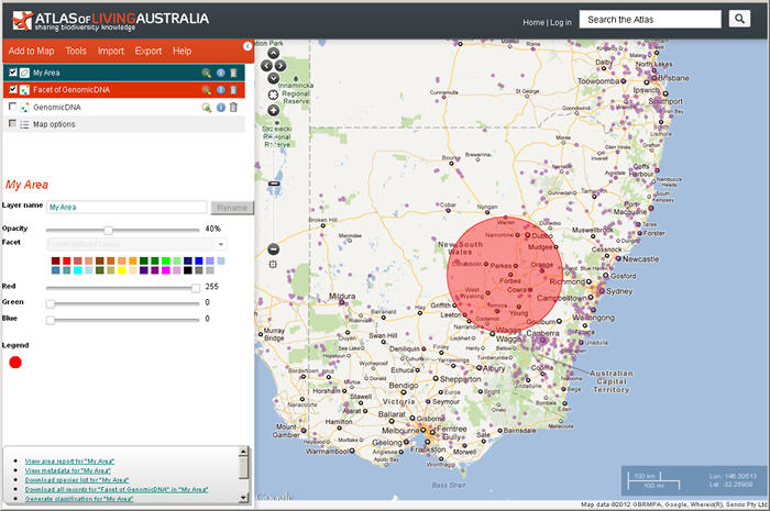 The Spatial portal displaying molecular occurrence data for the Order Lepidoptera, with an additional area added to the map. The Spatial portal displaying molecular occurrence data for the Order Lepidoptera, with an additional area added to the map.