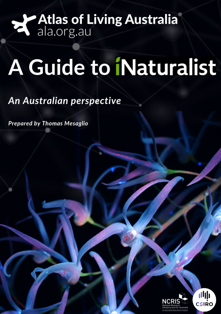 A Guide to iNaturalist. Black background with purple orchids on the bottom half of the cover